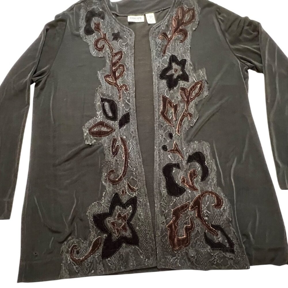 Chicos Travelers Black Open Cardigan Floral Velvet Lace Embroidery Size 3(XL/16)